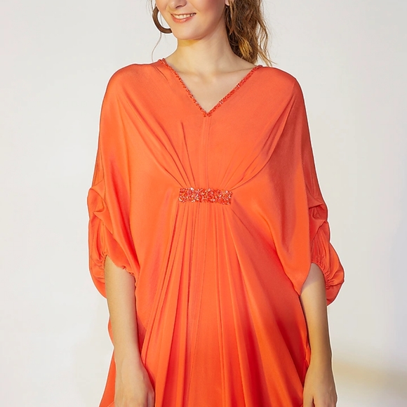 Zara Coral orange pleated kaftan. - Picture 3 of 3